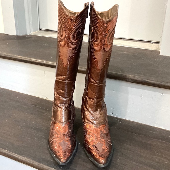 Brown /Cognac John Fashion Sequined Embroidered Pointed Toe Cowboy Boots Sz - Picture 3 of 16